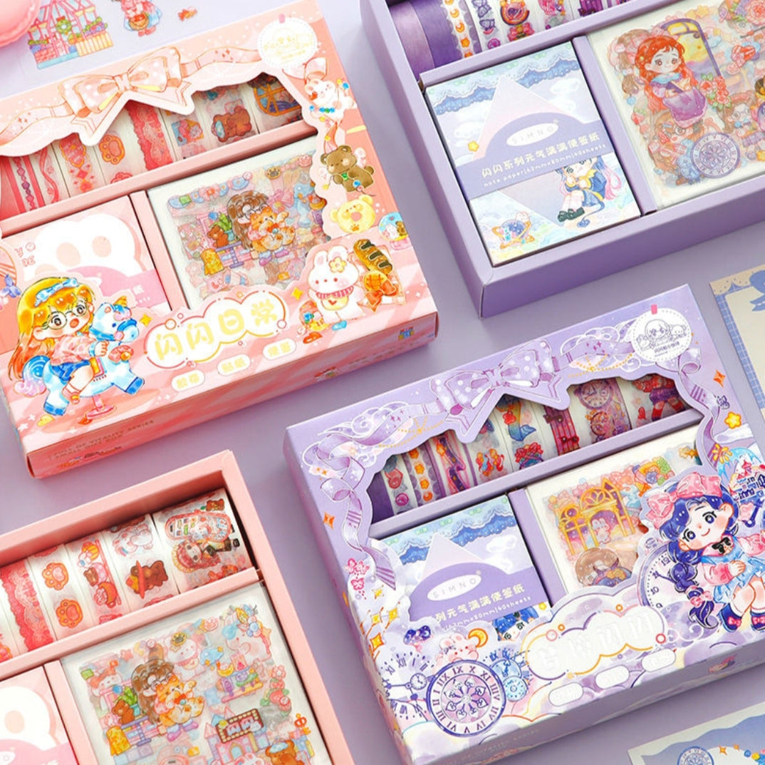 Colorful stationery sets with cartoon designs on a light purple background