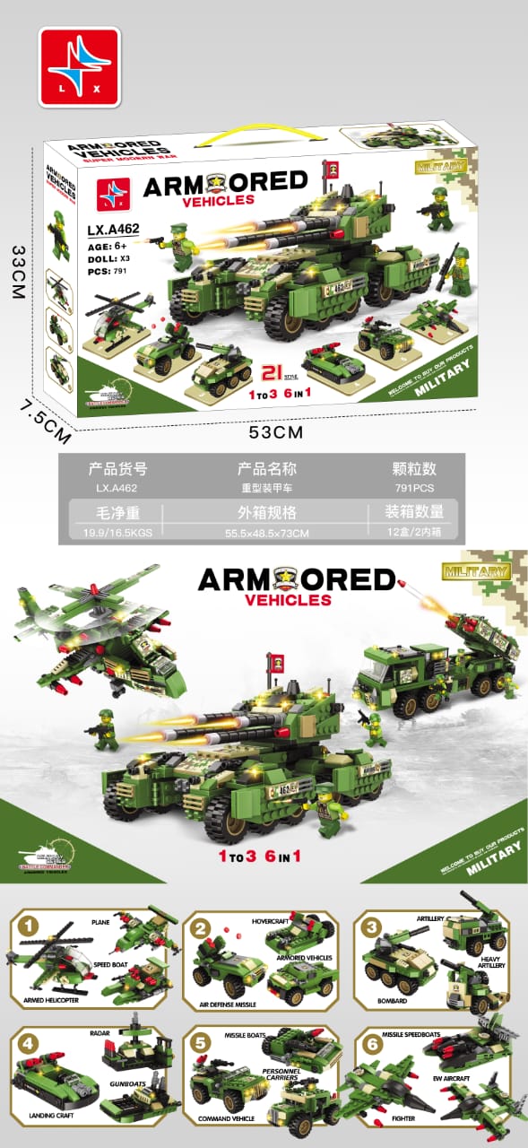 Military 6in1 Tank & Armored Vehicles Building Blocks Set for Boys | 791PCS- LXA462 - Evergreen Wholesale