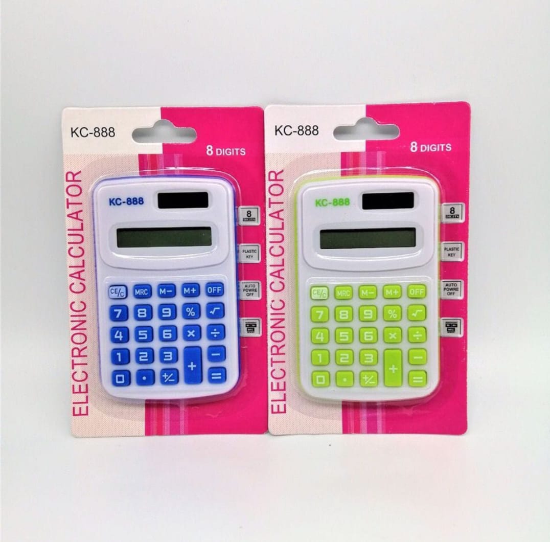 Two electronic calculators in packaging with blue and green color schemes on a white background.