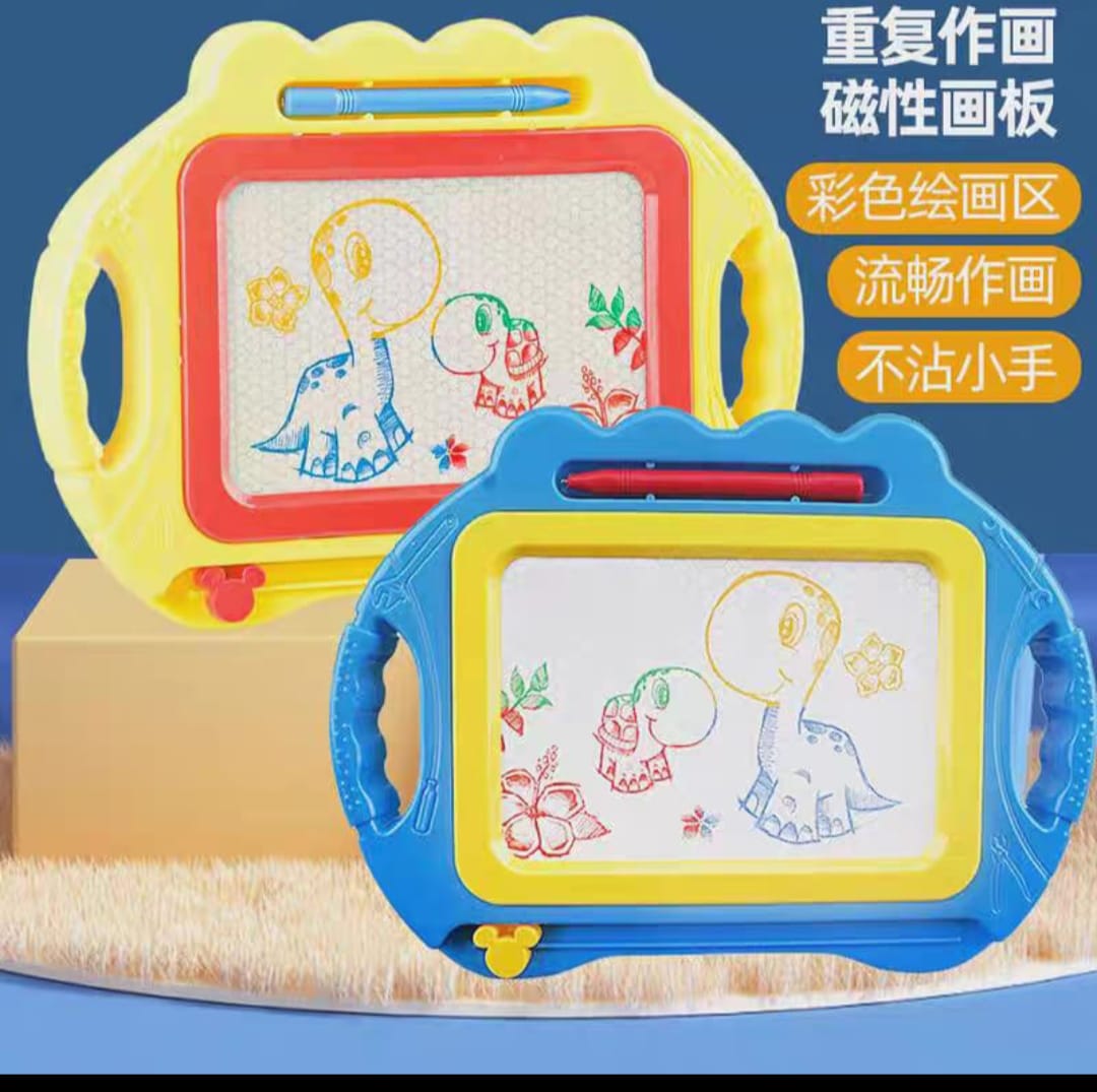 Two children's drawing boards with handles, one yellow and one blue, on a blue background.