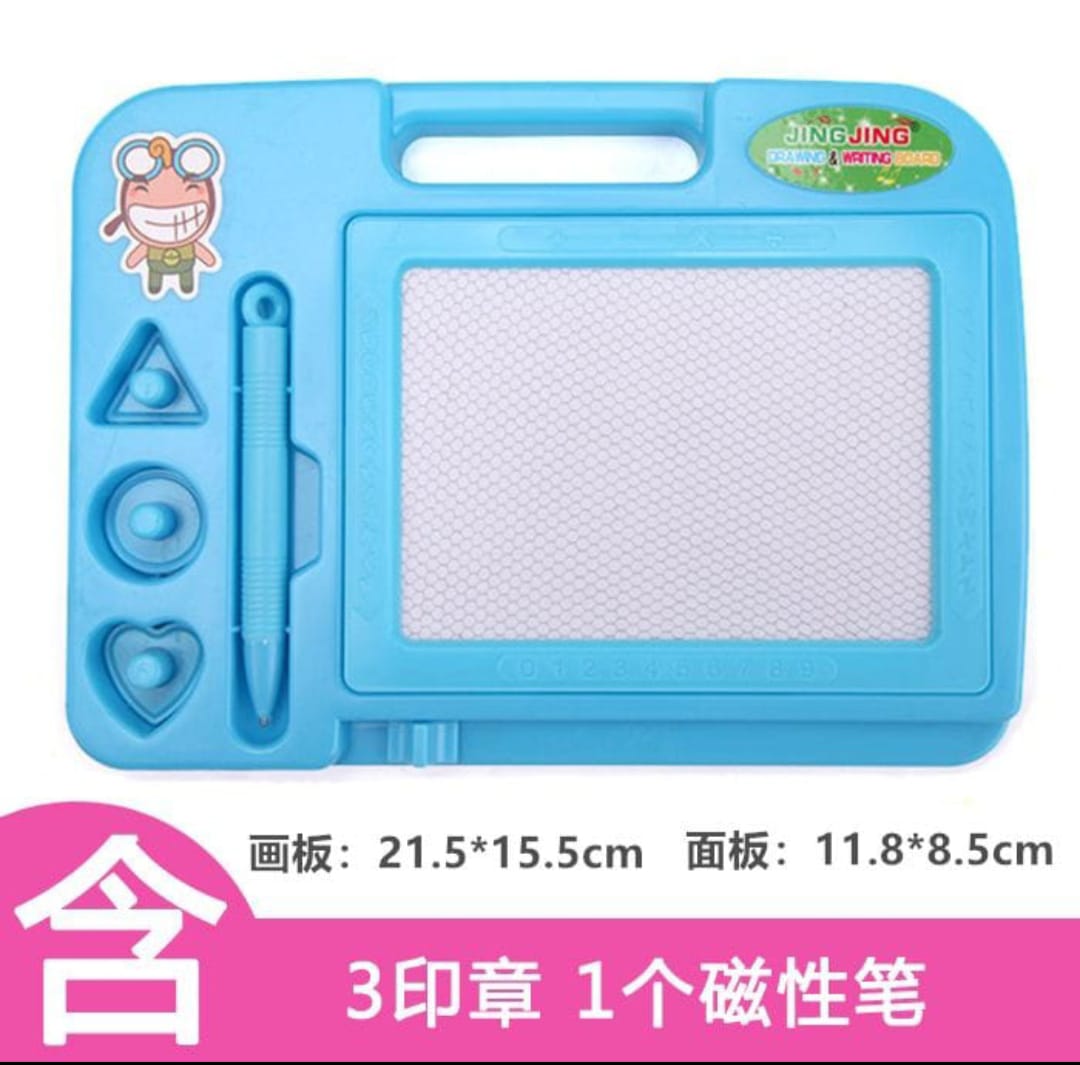 Children's drawing board with magnetic pen and cartoon character on a white background