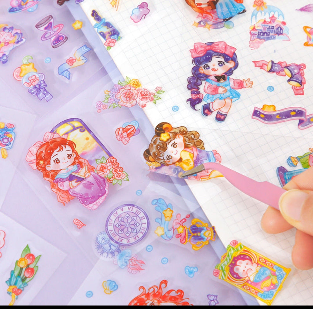 Colorful stickers with cartoon characters on a white background