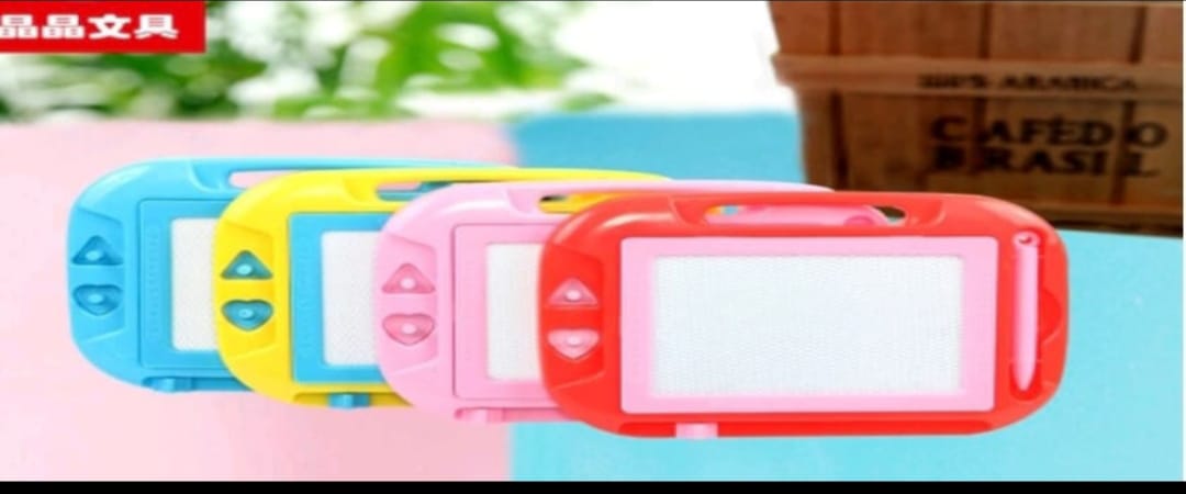 Colorful electronic devices with screen and buttons on a blurred background