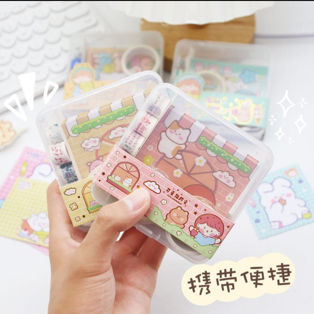 Hand holding a small pink packaging with cartoon designs on a white background