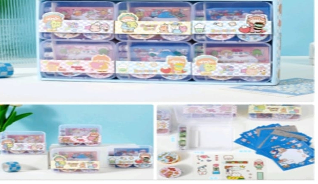 Set of small containers with colorful labels on a white surface.