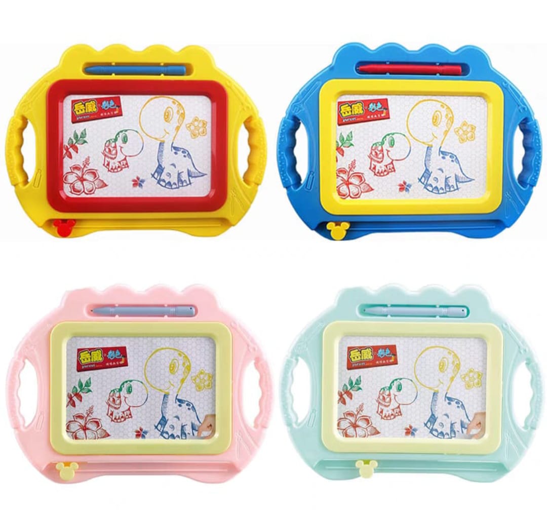 Four colorful drawing boards with handles and child-like drawings on a white background
