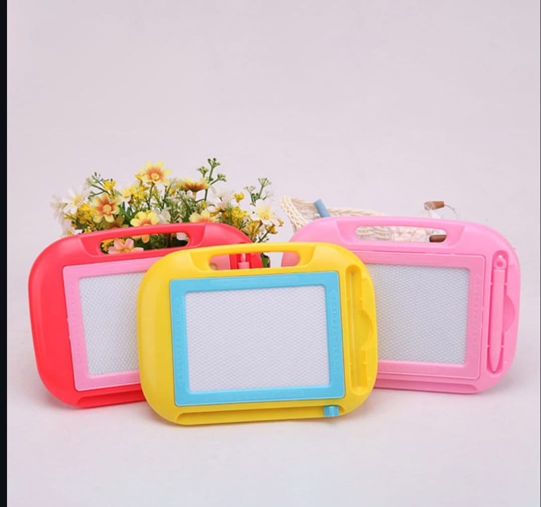 Three colorful drawing boards on a light gray background with flowers.