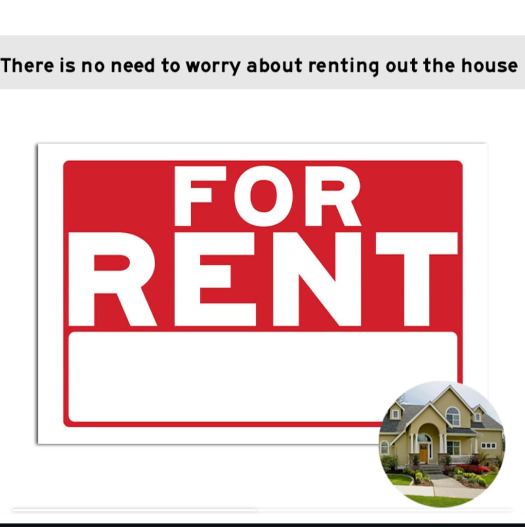 Red 'For Rent' sign with a house in the corner