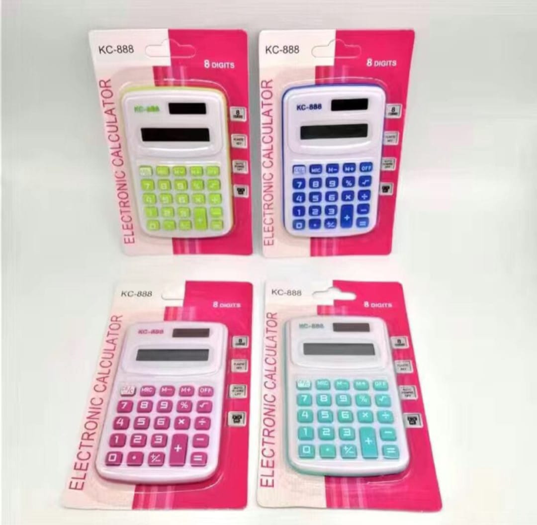 Four electronic calculators in different colors with pink packaging on a white background