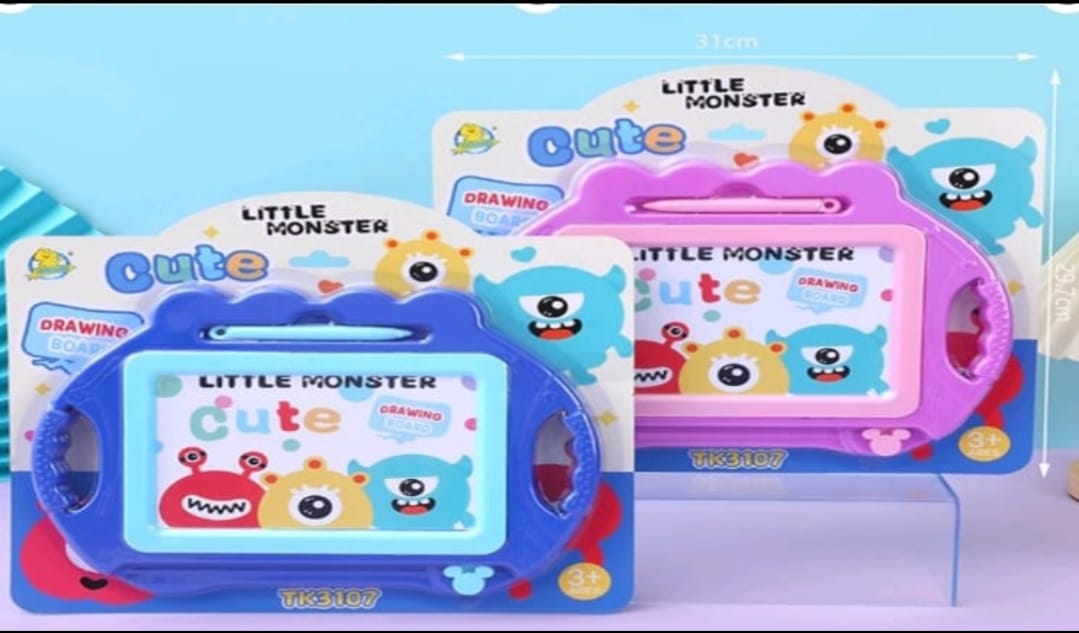 Children's drawing tablet with 'Little Monster' design on a blue background