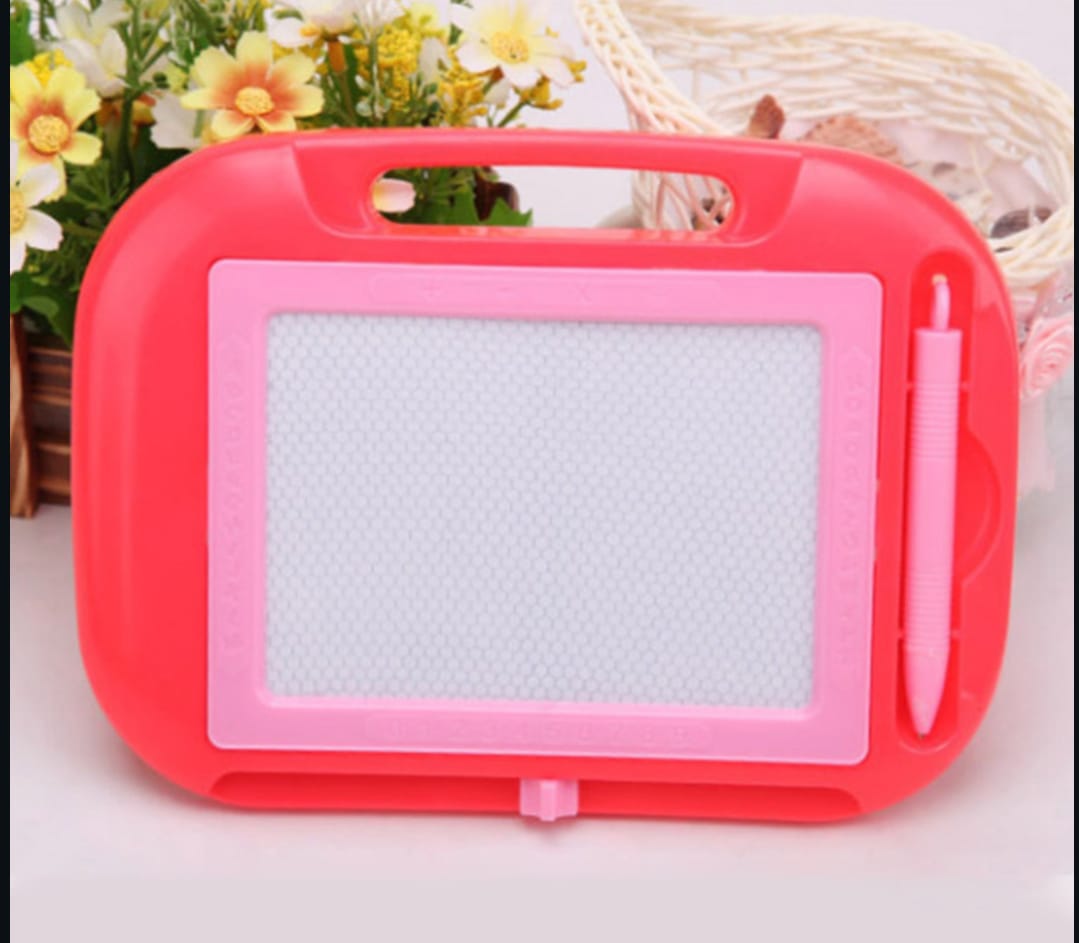 Pink and red drawing board with a pen on a light background