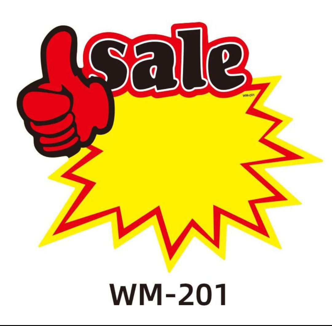 Sale sign with a red hand giving a thumbs up on a white background