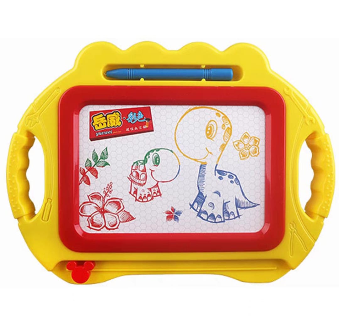 Yellow and red children's drawing board with colorful drawings on a white background
