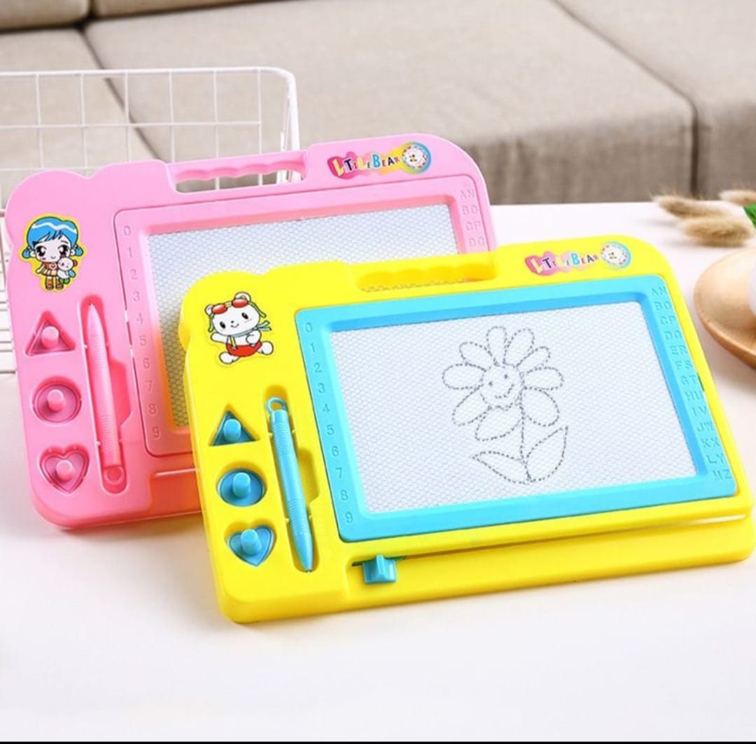 Two colorful children's drawing boards with writing tools on a light surface.