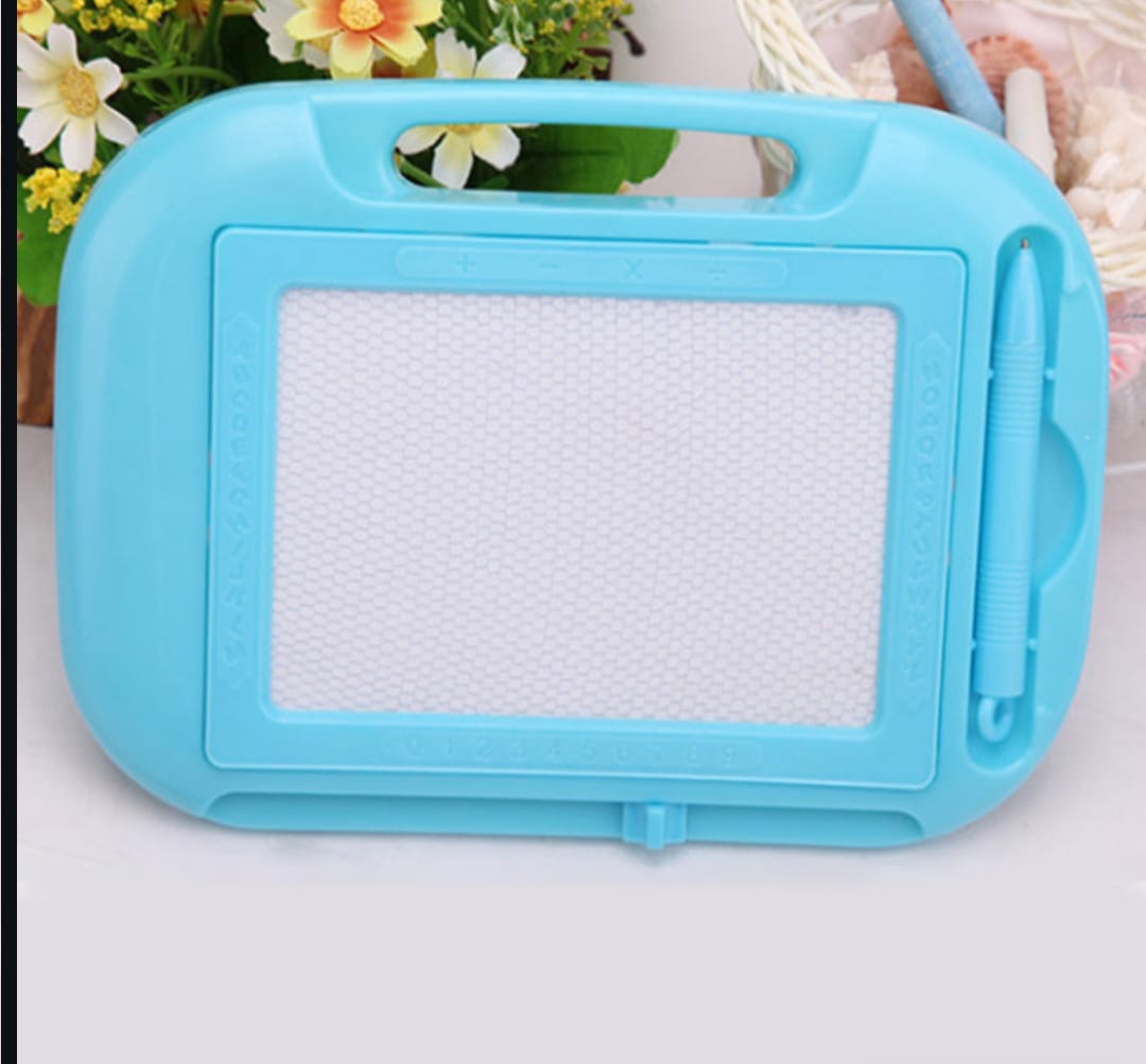 Blue children's drawing board with a white surface on a light background