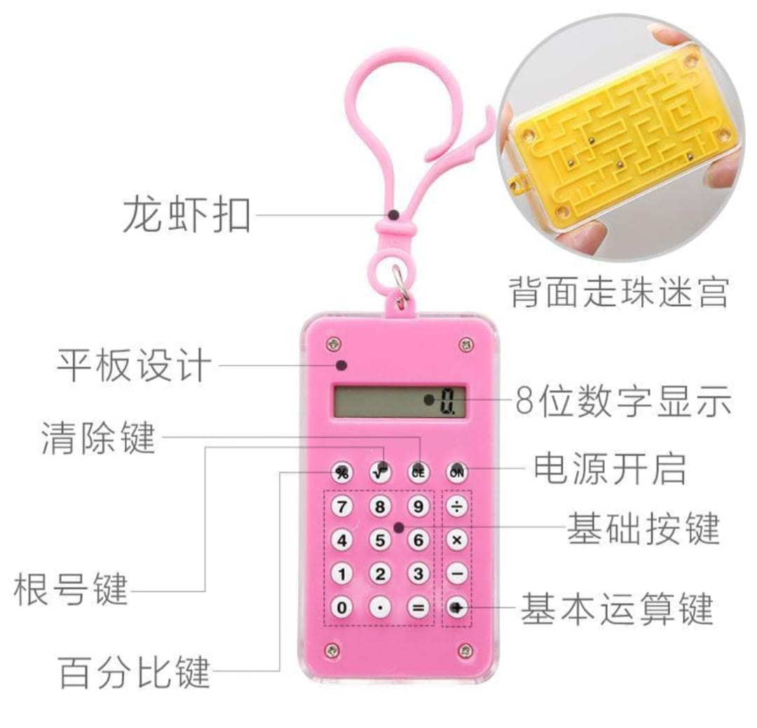Pink calculator with label text on a white background