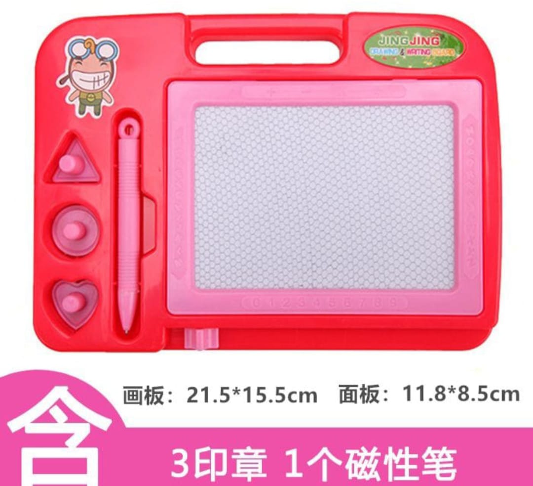 Children's drawing board with red casing and pink accents, featuring a cartoon character on a white background.