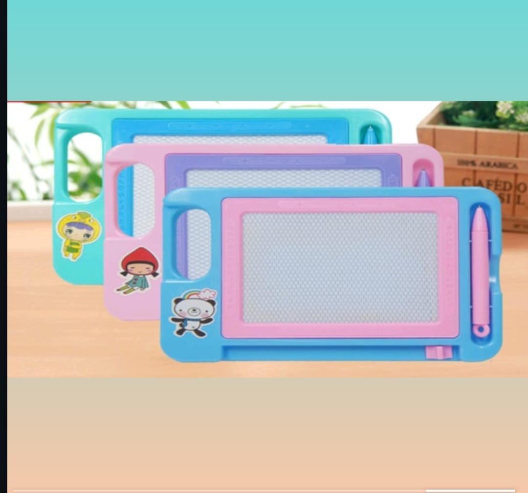 Set of colorful drawing boards with cartoon characters on a wooden surface.