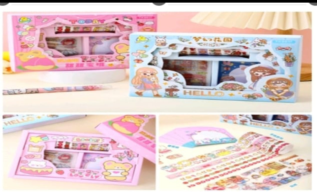 Collage of colorful stationery items including notebooks and stickers on a wooden surface.