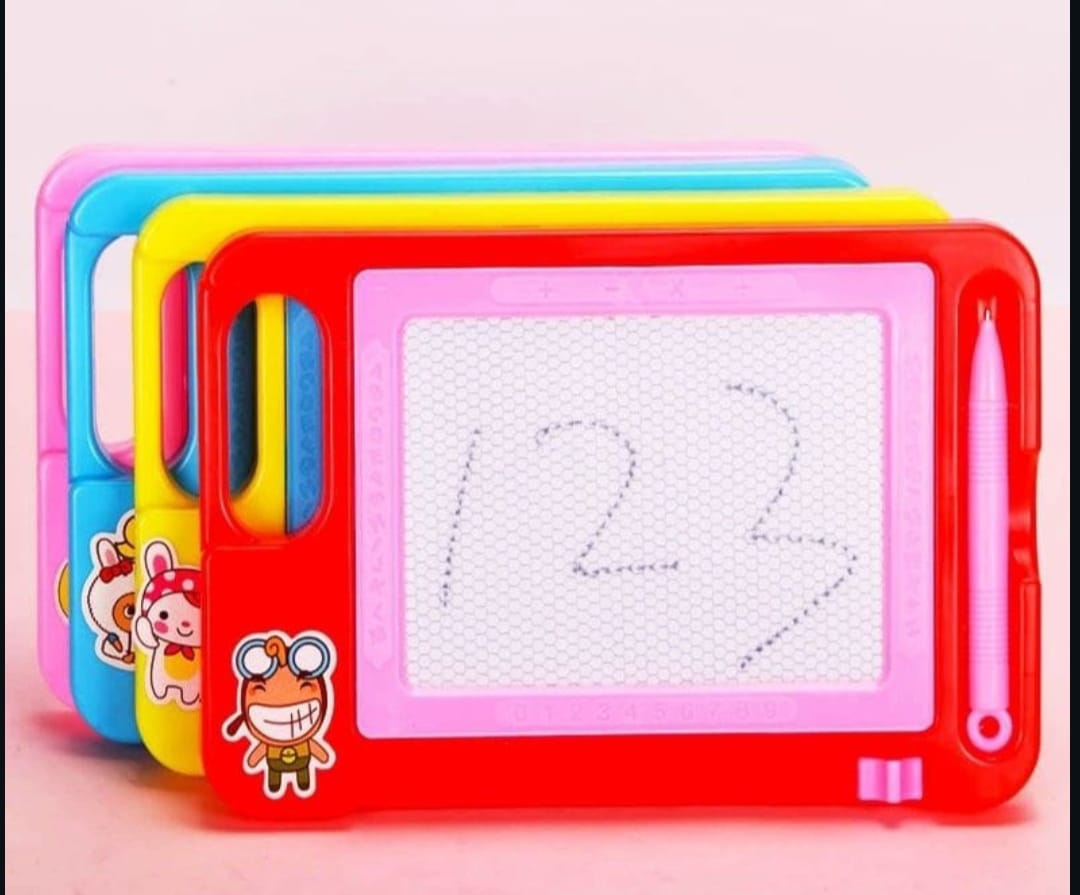 Colorful children's drawing board with a red frame and cartoon characters on a pink background.