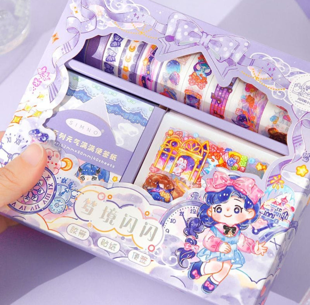 Decorative washi tape set with cartoon character design in a box