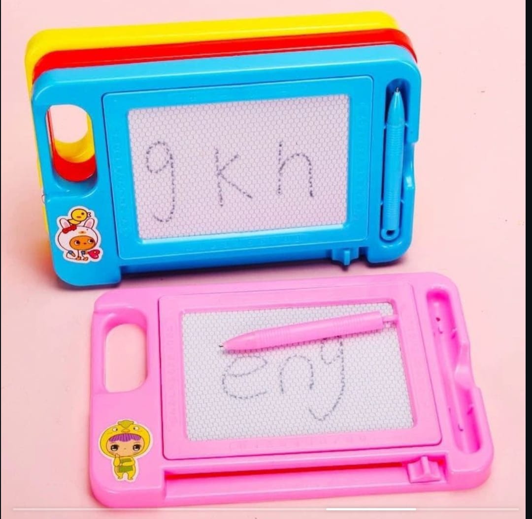Two colorful children's drawing boards with writing on a pink background