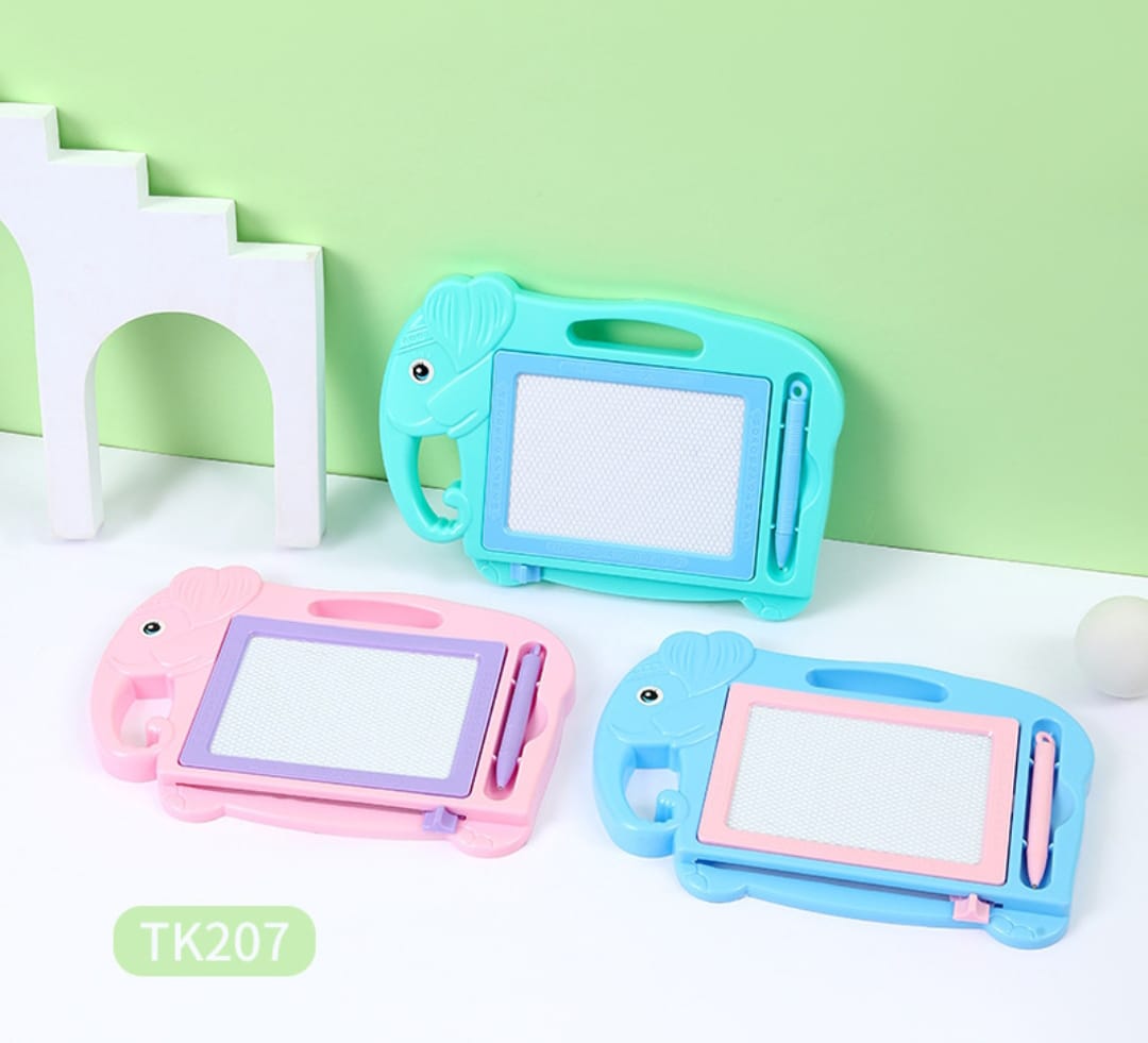 Three colorful children's drawing boards with handles on a light green background.