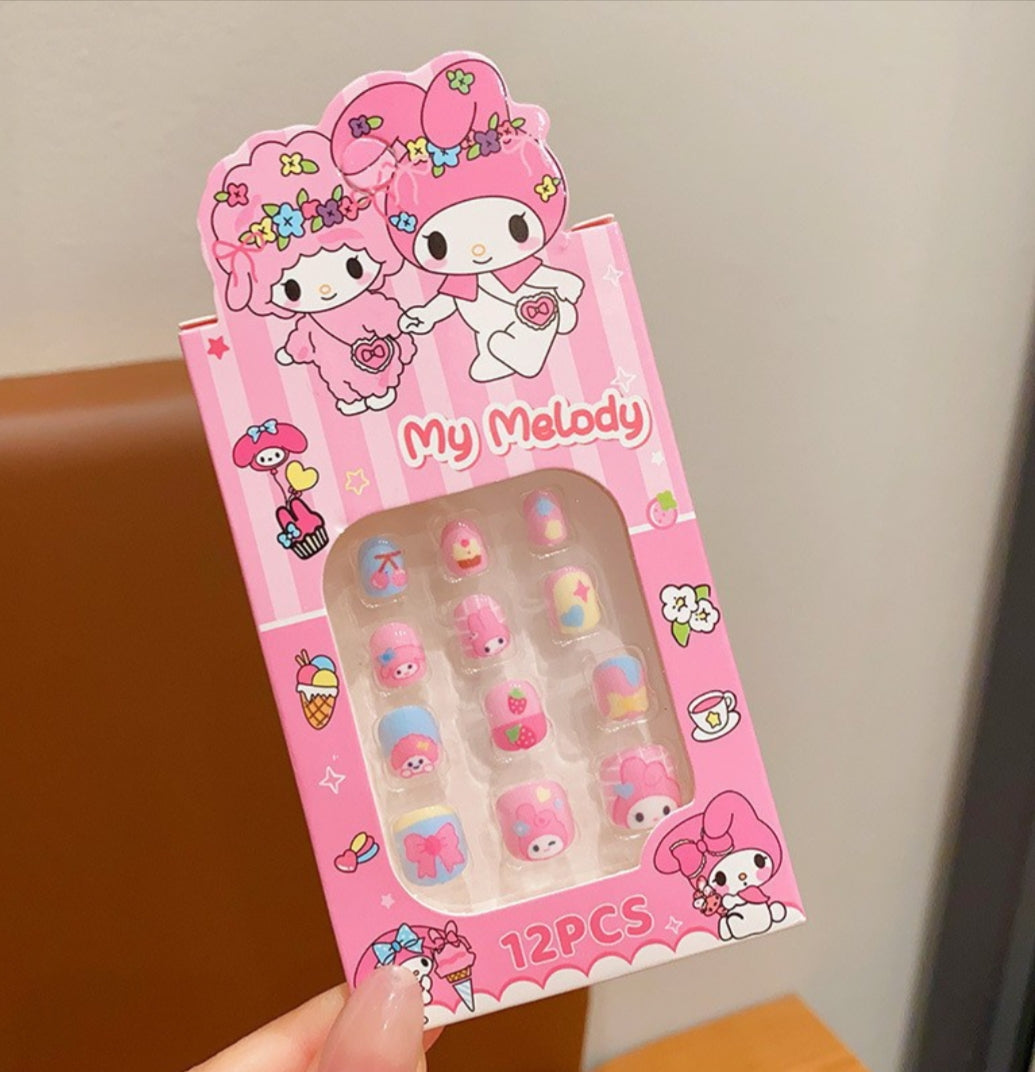 Pink packaging of nail art stickers featuring My Melody with a clear window showing the stickers inside.