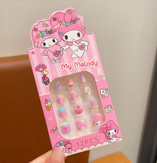 Pink packaging of nail art stickers featuring My Melody with a clear window showing the stickers inside.