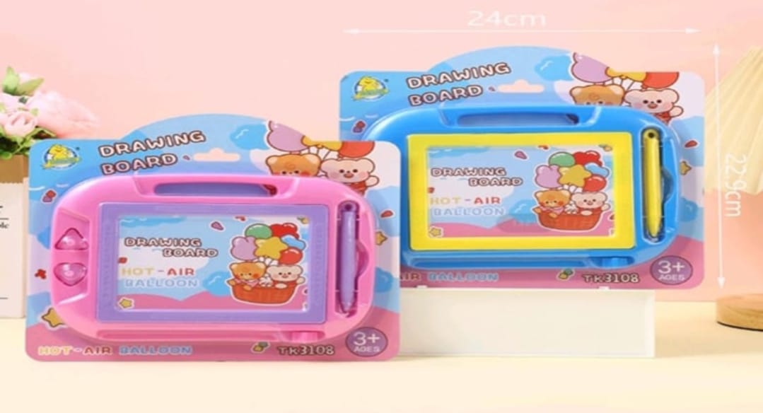 Pink drawing board with packaging on a light pink background