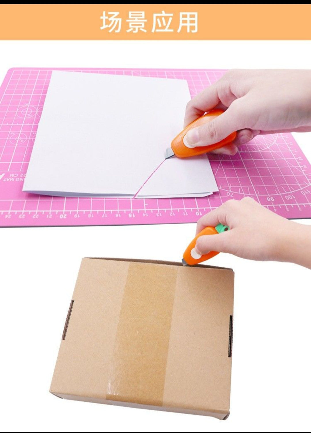 Hand using a paper cutter on a cutting mat with text in the top left corner.