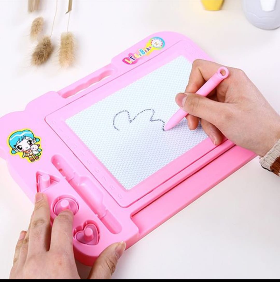 Pink drawing board with writing surface and heart design, held by a person.