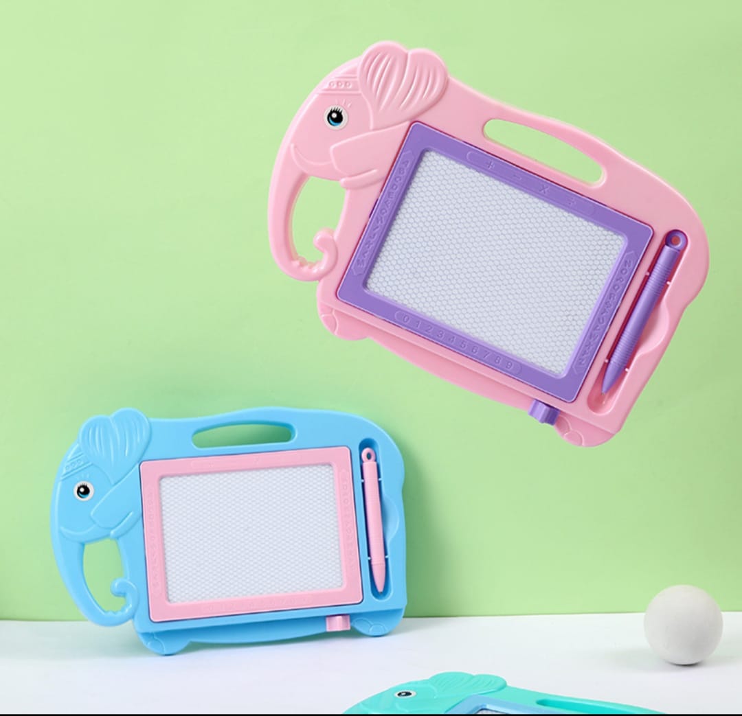 Two children's drawing boards, one pink and one blue, with handles on a light green background.