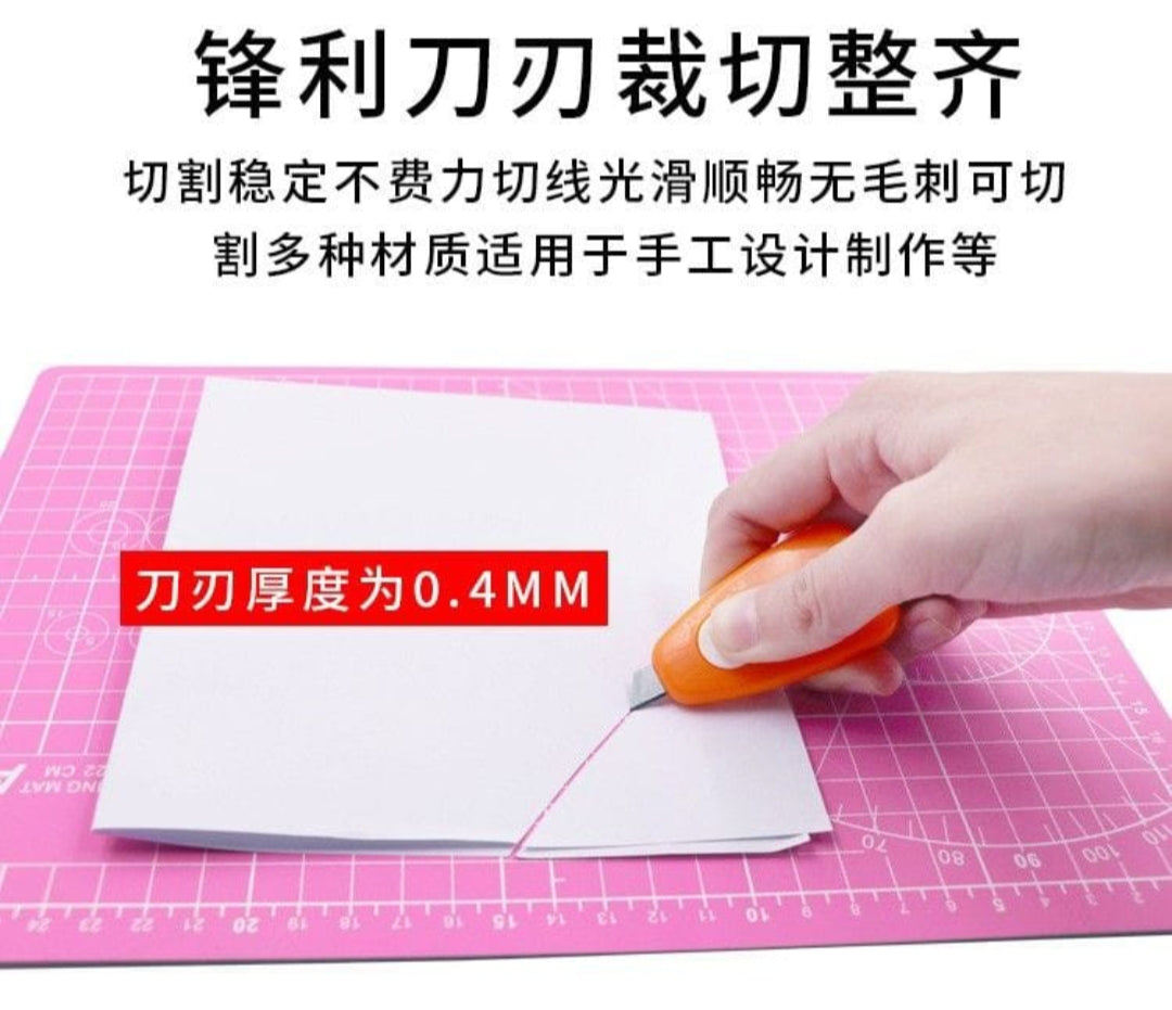 Hand using a paper cutter on a pink cutting mat with text about blade thickness and uses.