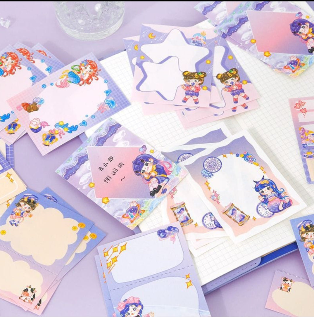 Collection of colorful stationery items with character designs on a purple surface